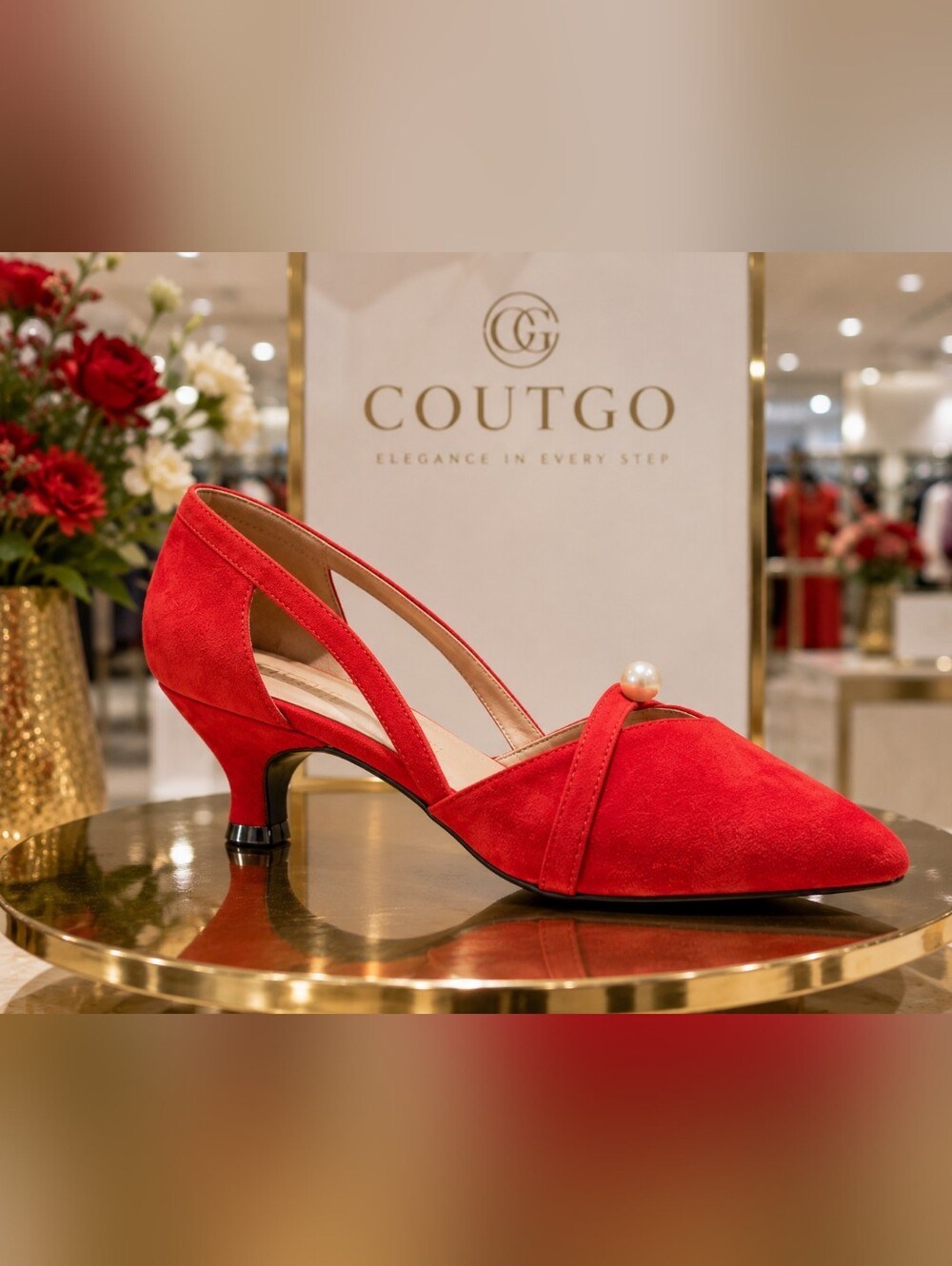Chic Red Kitten Heels With Pearl Detail